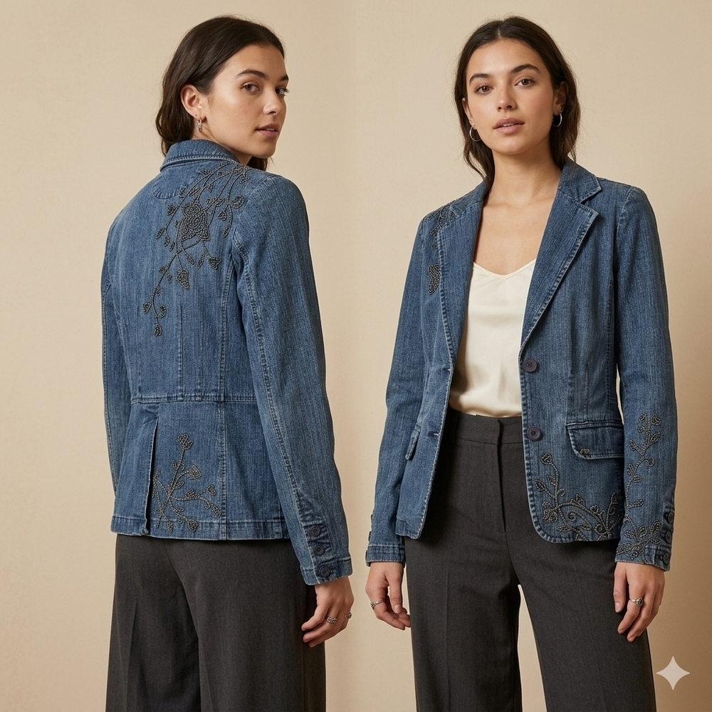 Point Zero Nicole Benisti Beaded Denim Blazer Y2K Floral Embroidered Size S